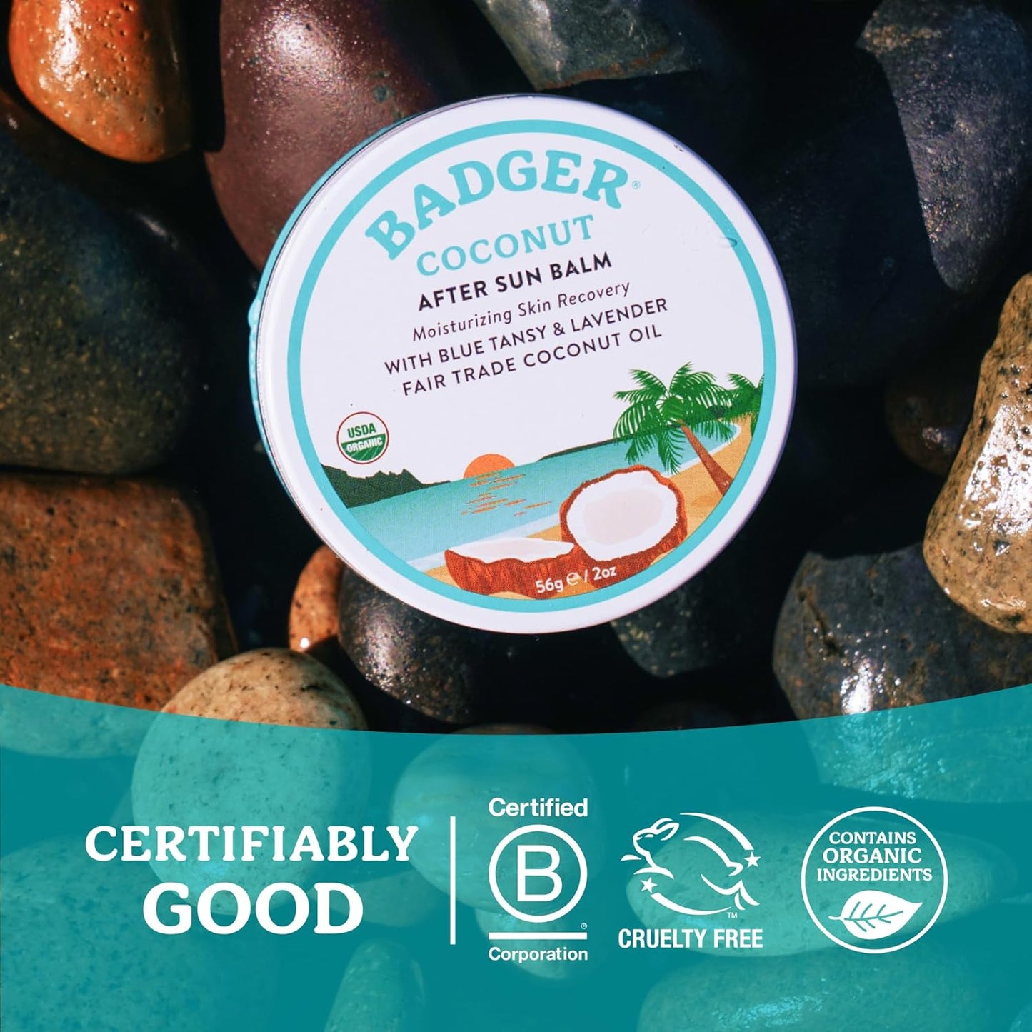 Coconut after Sun Balm with Organic Cocoa Butter & Shea Butter, Rescue Balm, Soothing & Cooling Balm for Tight Dry Skin after Sun Exposure, 2 Oz